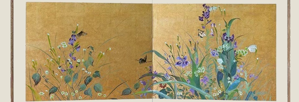 Gold-leaf and silk screen with wildflowers and butterflies, two panels