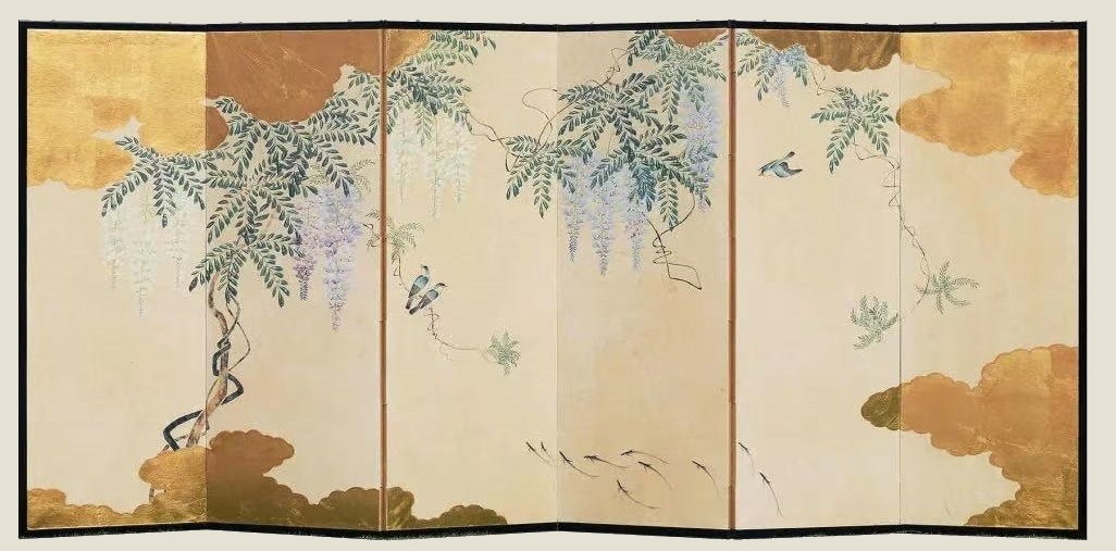 Wisteria and birds, six-panel screen